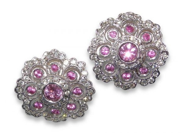 Art Deco Sri Lanka Pink Sapphire Pave Diamond Earrings 18KWG - Simply ...