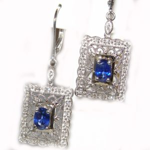 Art Deco Ceylon Sapphire Diamond Earring Dangles 14KWG 1.42 ctw