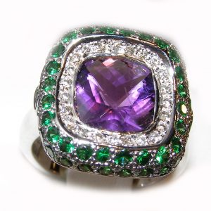 Designer Amethyst, Tsavorite & Diamond Ring 18KWG 5.18 ctw