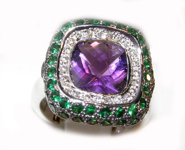 Designer Amethyst, Tsavorite & Diamond Ring 18KWG 5.18 ctw