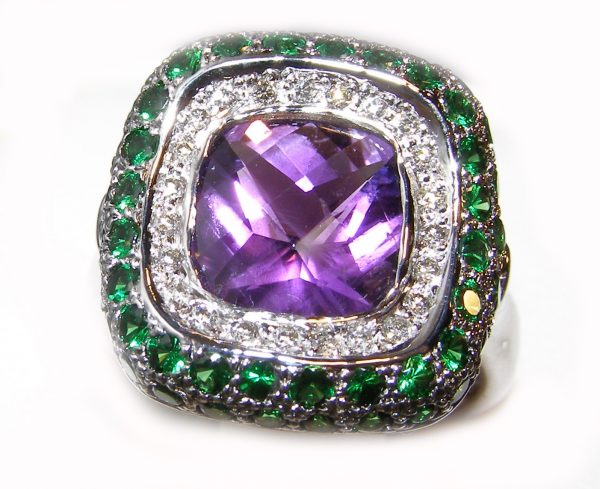 Designer Amethyst, Tsavorite & Diamond Ring 18KWG 5.18 ctw - Image 6
