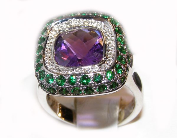 Designer Amethyst, Tsavorite & Diamond Ring 18KWG 5.18 ctw - Image 5