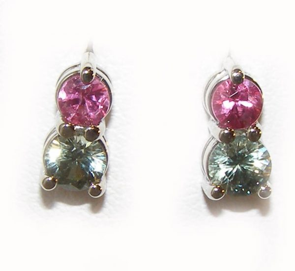 Pink & Green Sapphire Earring Studs 14KWG  1.15 ctw