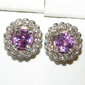 Halo Diamond Sri Lanka (Ceylon) Pink Sapphire Earrings 14KWG 1.60 ctw