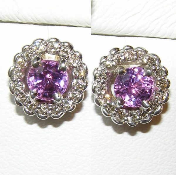 Halo Diamond Sri Lanka (Ceylon) Pink Sapphire Earrings 14KWG 1.60 ctw
