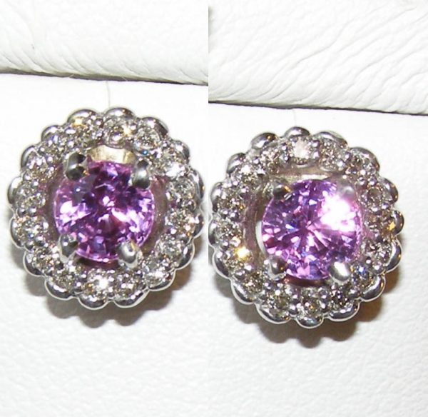 Halo Diamond Sri Lanka (Ceylon) Pink Sapphire Earrings 14KWG 1.60 ctw - Image 5