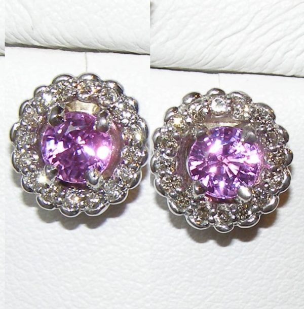 Halo Diamond Sri Lanka (Ceylon) Pink Sapphire Earrings 14KWG 1.60 ctw - Image 8