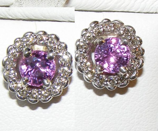 Halo Diamond Sri Lanka (Ceylon) Pink Sapphire Earrings 14KWG 1.60 ctw - Image 7