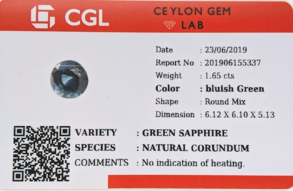CGL Certified Unheated Sri Lanka Green Round Sapphire 1.65 cts 6.10 x 6 x 5.13 MM - Image 7