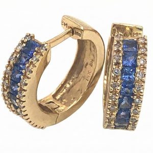 Effy Princess Cut Blue Sapphire Diamond Hoop Earrings 14KYG 1.24 CTW