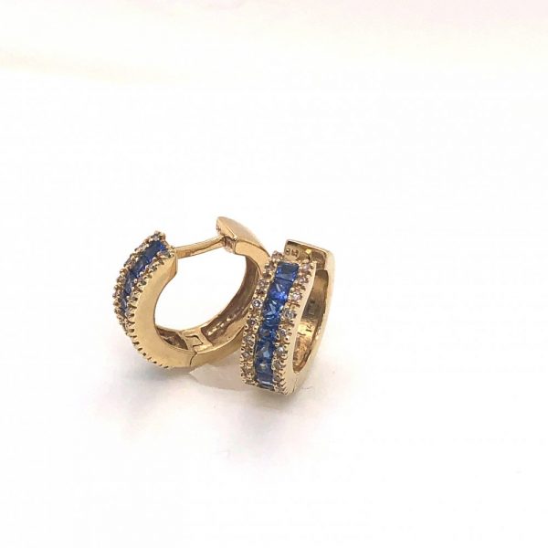Effy Princess Cut Blue Sapphire Diamond Hoop Earrings 14KYG 1.24 CTW - Image 2