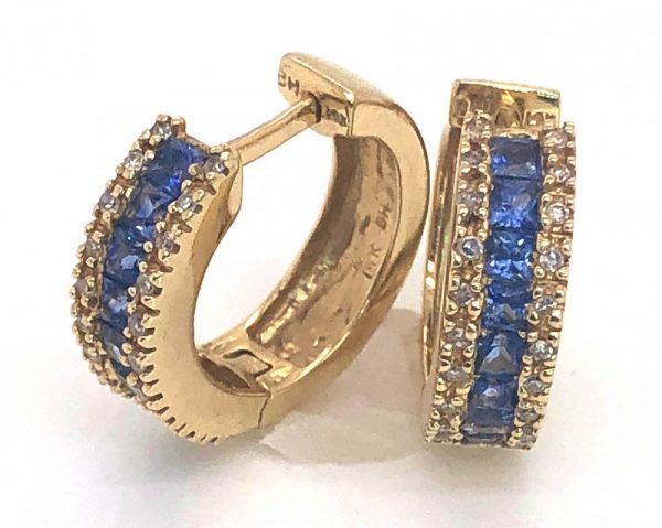Effy Princess Cut Blue Sapphire Diamond Hoop Earrings 14KYG 1.24 CTW - Image 4