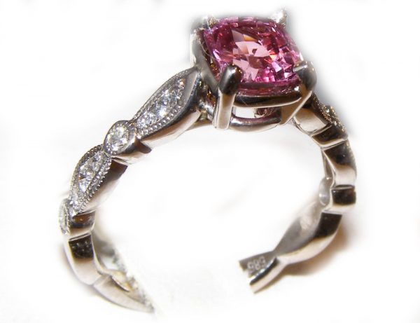 Pink Peach Cushion Cut Diamond Sapphire Ring 14KWG 1.49 CTW - Image 3