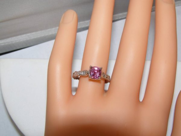 Pink Peach Cushion Cut Diamond Sapphire Ring 14KWG 1.49 CTW - Image 2