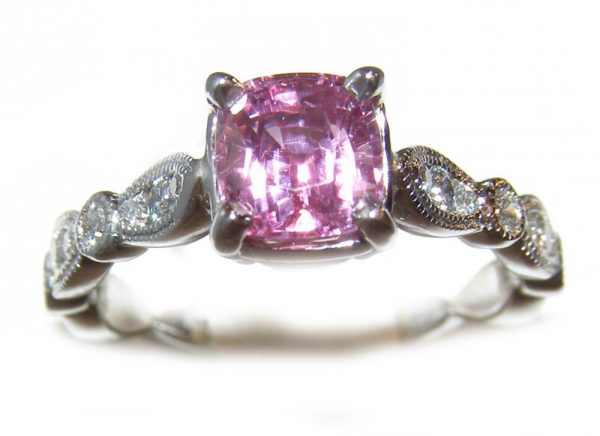 Pink Peach Cushion Cut Diamond Sapphire Ring 14KWG 1.49 CTW - Image 4