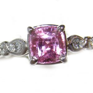 Pink Peach Cushion Cut Diamond Sapphire Ring 14KWG 1.49 CTW