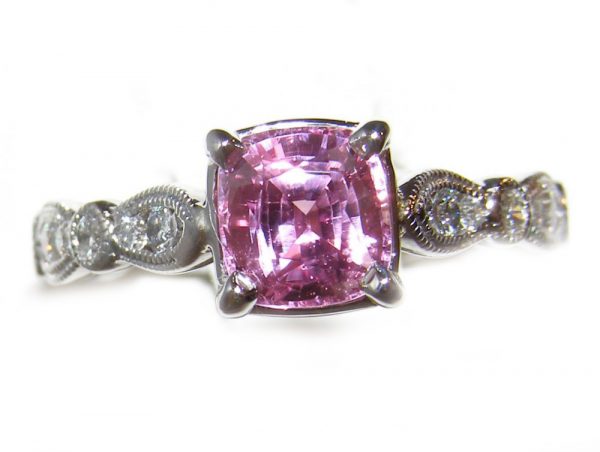 Pink Peach Cushion Cut Diamond Sapphire Ring 14KWG 1.49 CTW