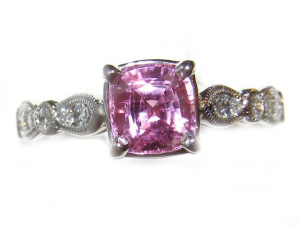 Pink Peach Cushion Cut Diamond Sapphire Ring 14KWG 1.49 CTW - Image 6