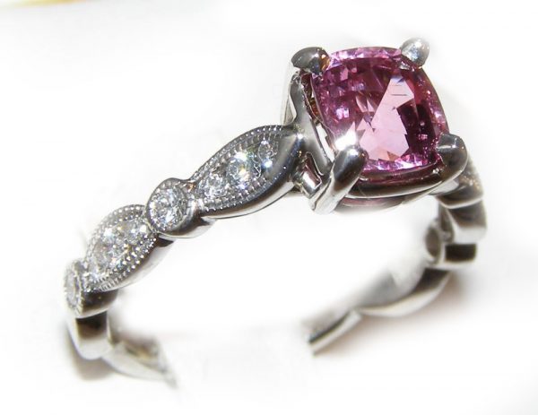 Pink Peach Cushion Cut Diamond Sapphire Ring 14KWG 1.49 CTW - Image 7
