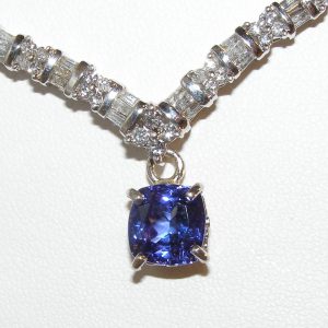 Elegant Cushion Tanzanite Diamond Necklace 14Kwg 4.25 Ctw