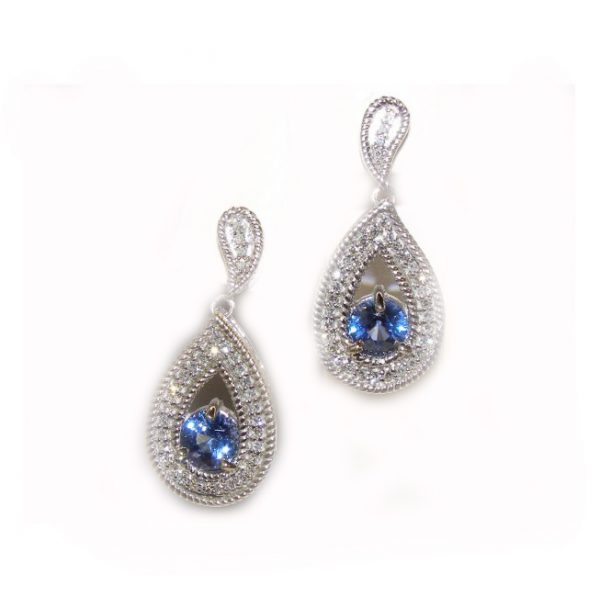 Tear Drop Ceylon Sapphire Pave Diamond Dangle Earrings 14Kwg 1.91Ctw - Image 6