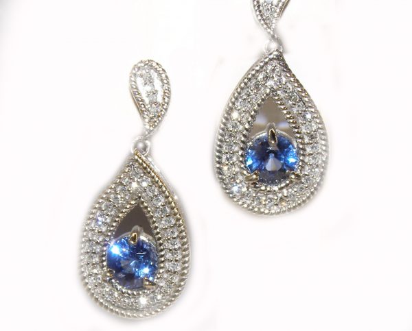 Tear Drop Ceylon Sapphire Pave Diamond Dangle Earrings 14Kwg 1.91Ctw - Image 5