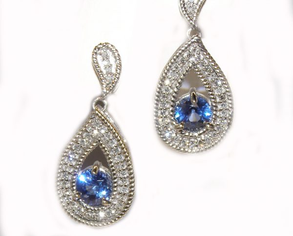 Tear Drop Ceylon Sapphire Pave Diamond Dangle Earrings 14Kwg 1.91Ctw - Image 7