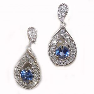 Tear Drop Ceylon Sapphire Pave Diamond Dangle Earrings 14Kwg 1.91Ctw