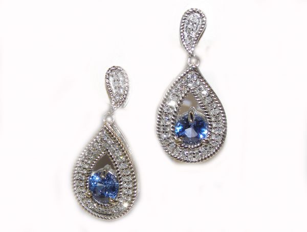 Tear Drop Ceylon Sapphire Pave Diamond Dangle Earrings 14Kwg 1.91Ctw