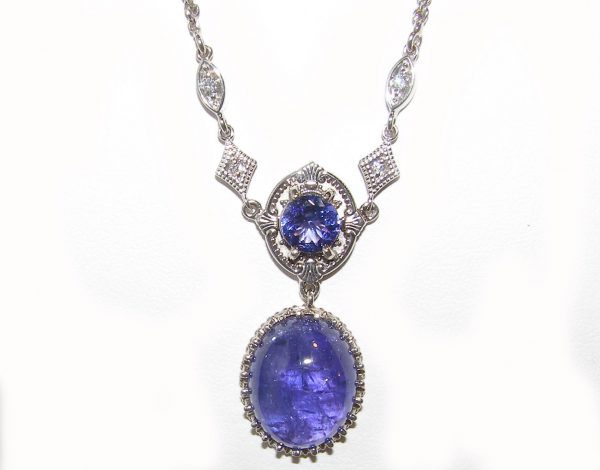 Art Deco Inspired Tanzanite Diamond Necklace 14KWG 18.01 Carats