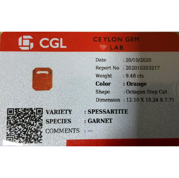 CGL Certified Spessartite Garnet Emerald Cut 9.48 Carats 12.1 x 10.2 x 7.7 mm - Image 2