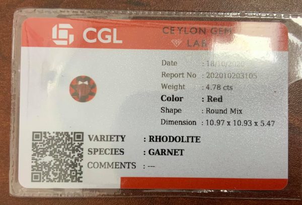 CGL Certified Rhodolite Garnet Round 4.78 Carats 10.9x10.9x5.47mm - Image 2