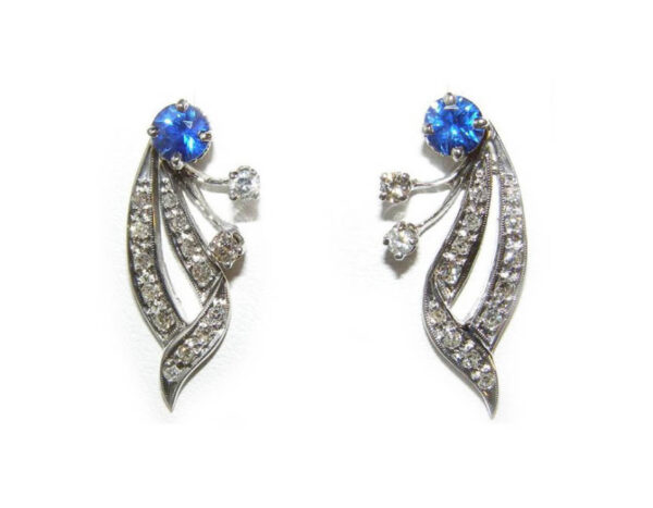 Art Deco Styled Sapphire Pave Diamond Earrings 14KWG 1.45 ctw