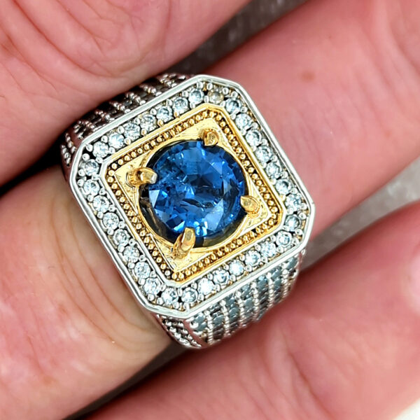 EGL Certified 3 Carat Mens Blue Sapphire Ring set in silver with zircon accent stones - Image 2