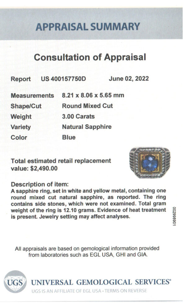 EGL Certified 3 Carat Mens Blue Sapphire Ring set in silver with zircon accent stones - Image 9