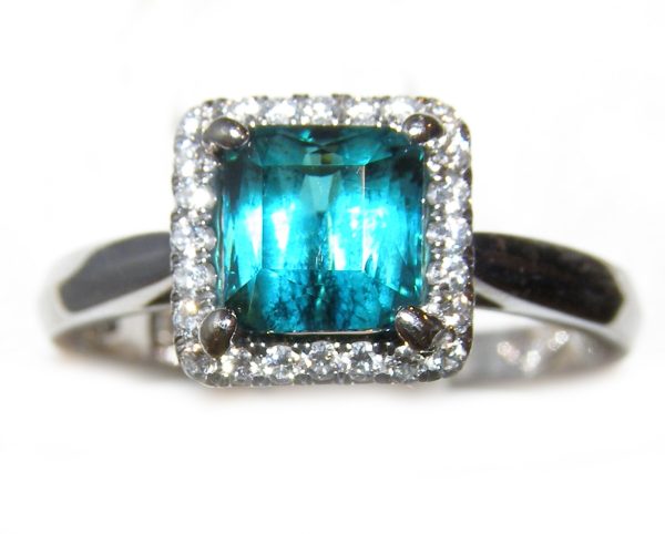 Electric Blue Indicolite Tourmaline Diamond Ring 14KWG 1.45ctw