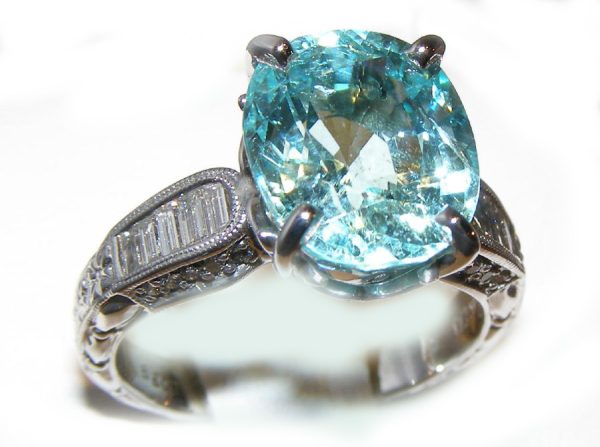 GIT Certified Large Paraiba Tourmaline Diamond Ring 14KWG 7.02 ctw