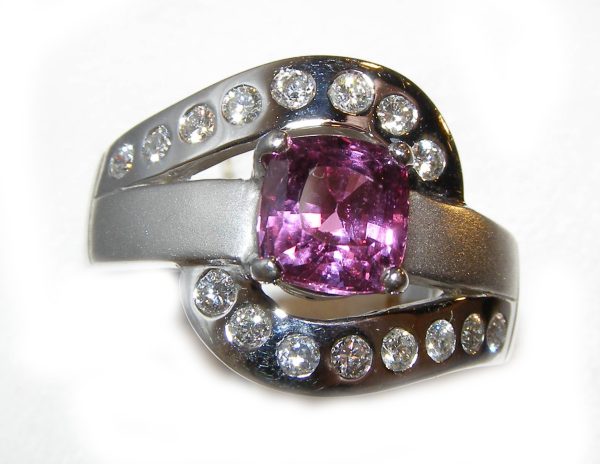 Cushion Pink Sapphire Diamond Ring 14KWG 2.00 ctw