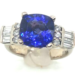AAA+ Cushion Tanzanite Diamond Ring 14KWG 3.88 ctw
