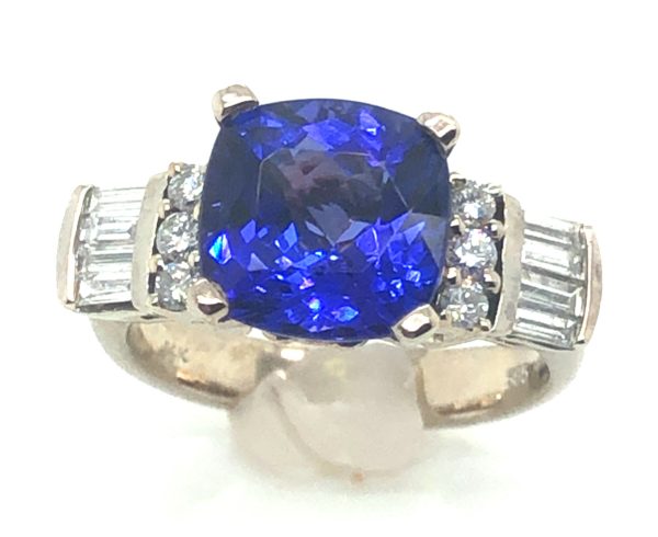 AAA+ Cushion Tanzanite Diamond Ring 14KWG 3.88 ctw