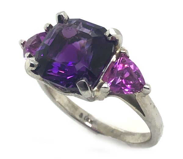 Cushion Amethyst Trilliant Ceylon Pink Sapphire 14KWG Ring 5.46 ctw - Image 3