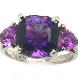 Cushion Amethyst Trilliant Ceylon Pink Sapphire 14KWG Ring 5.46 ctw