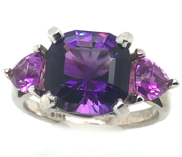 Cushion Amethyst Trilliant Ceylon Pink Sapphire 14KWG Ring 5.46 ctw