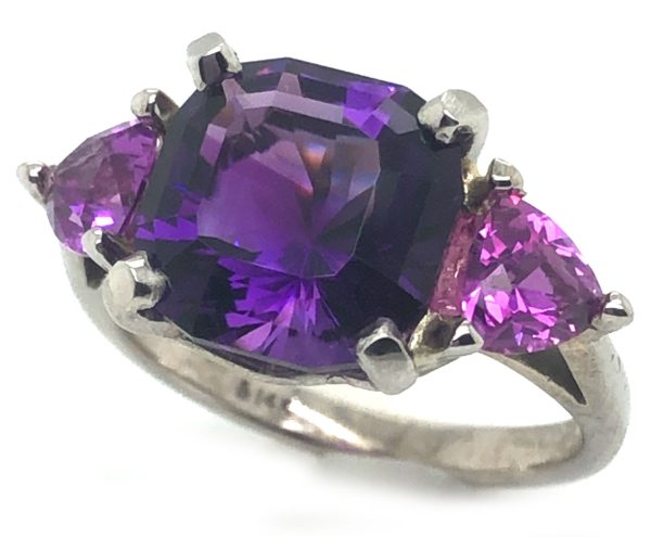 Cushion Amethyst Trilliant Ceylon Pink Sapphire 14KWG Ring 5.46 ctw - Image 4