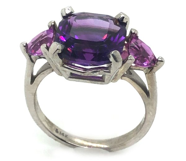 Cushion Amethyst Trilliant Ceylon Pink Sapphire 14KWG Ring 5.46 ctw - Image 2