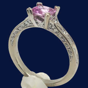Pink Cushion Cut Sapphire Diamond Ring 14KWG 0.88 ctw