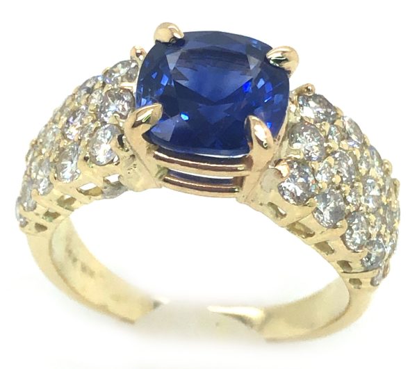 Cushion Cut Sri Lanka Blue Sapphire Diamond Ring 14KYG 4.23 ctw - Image 3