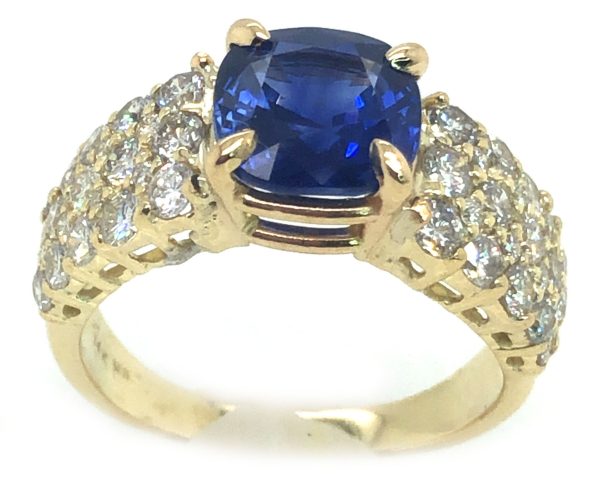 Cushion Cut Sri Lanka Blue Sapphire Diamond Ring 14KYG 4.23 ctw - Image 6