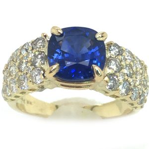 Cushion Cut Sri Lanka Blue Sapphire Diamond Ring 14KYG 4.23 ctw