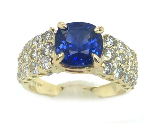 Cushion Cut Sri Lanka Blue Sapphire Diamond Ring 14KYG 4.23 ctw